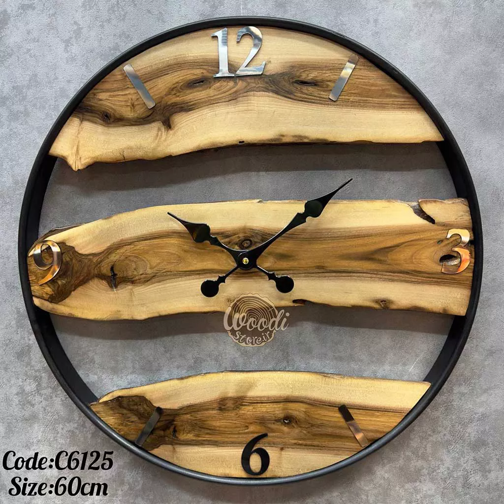 ساعت دیواری روستیک قطر 60 چوب گردو با فریم مشکی کد C6125