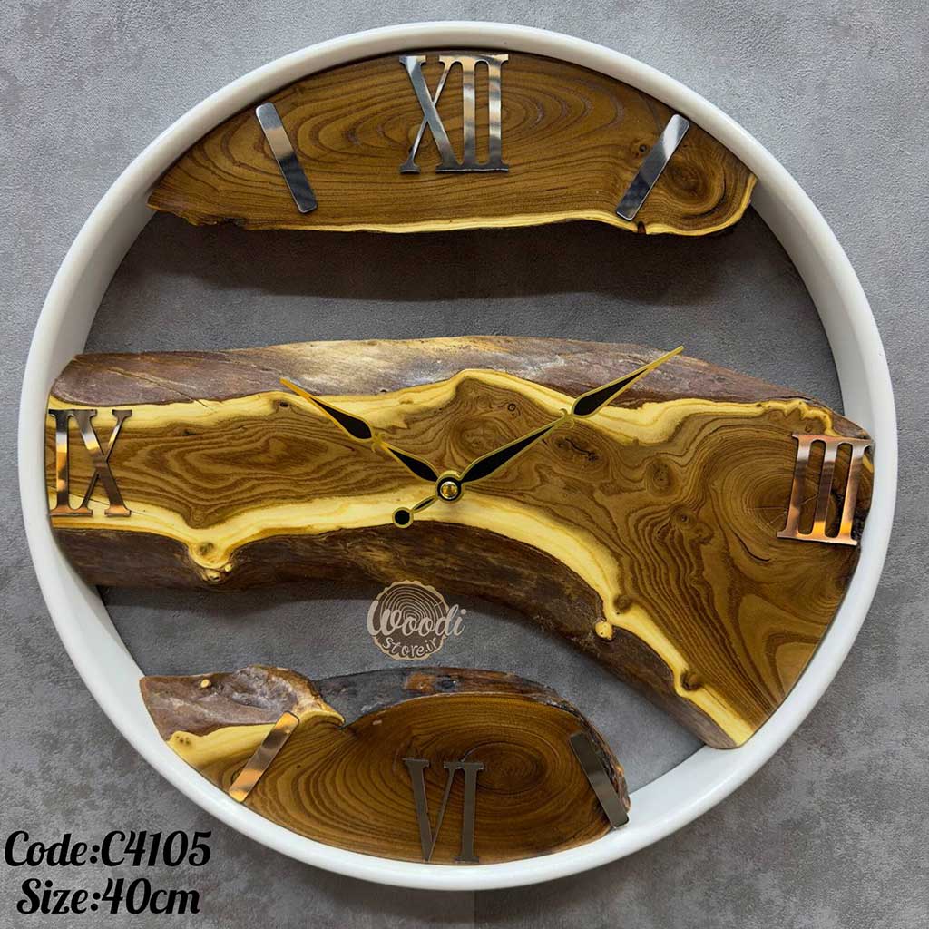 ساعت دیواری روستیک قطر 40 چوب سنجد با فریم سفید کد C4105