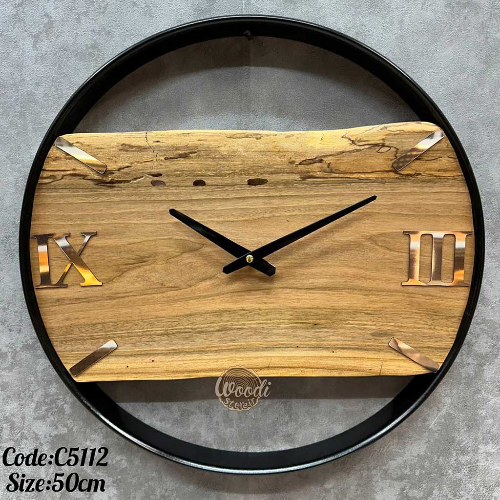 ساعت دیواری روستیک قطر 50 چوب گردو با فریم مشکی کد C5112
