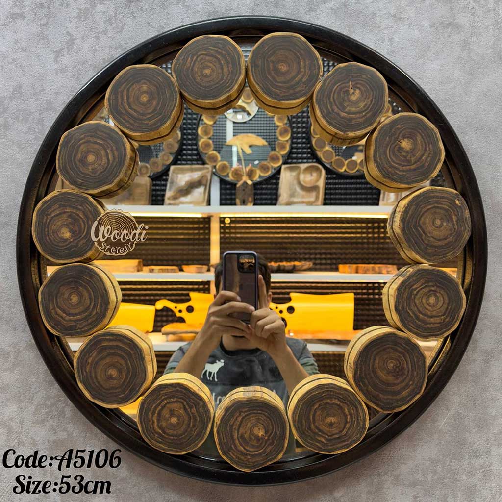 آینه دیواری روستیک قطر 53 چوب اقاقیا کد A5106