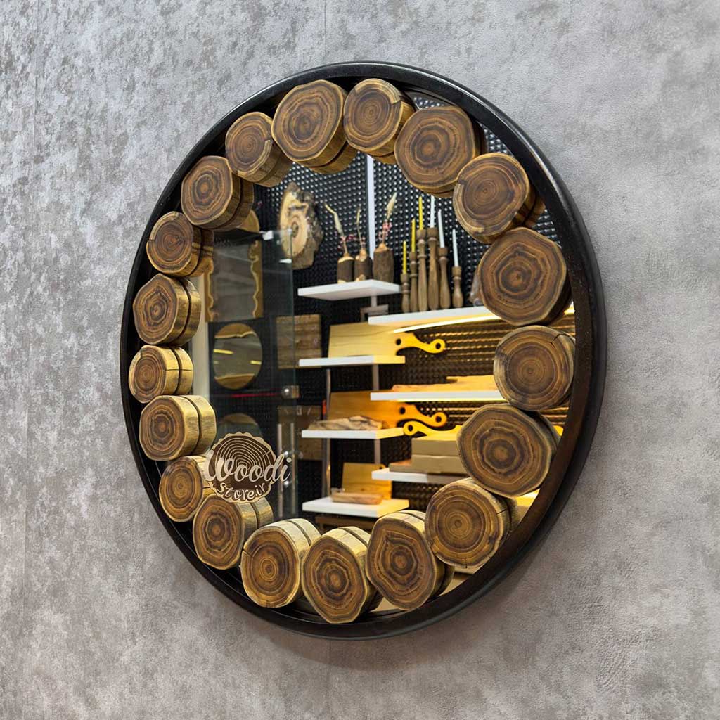 آینه دیواری روستیک قطر 58 چوب اقاقیا کد A6109