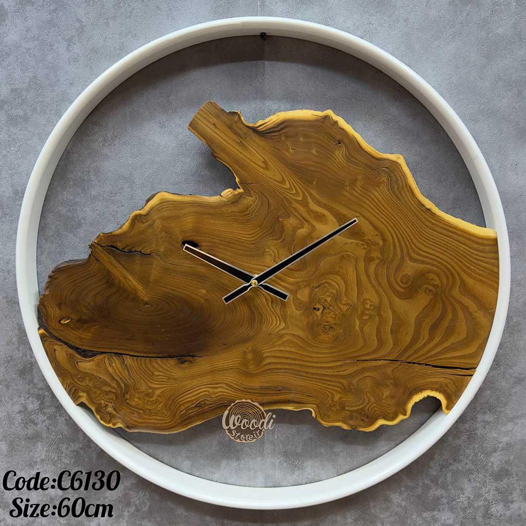 ساعت دیواری روستیک قطر 60 چوب سنجد با فریم سفید کد C6130