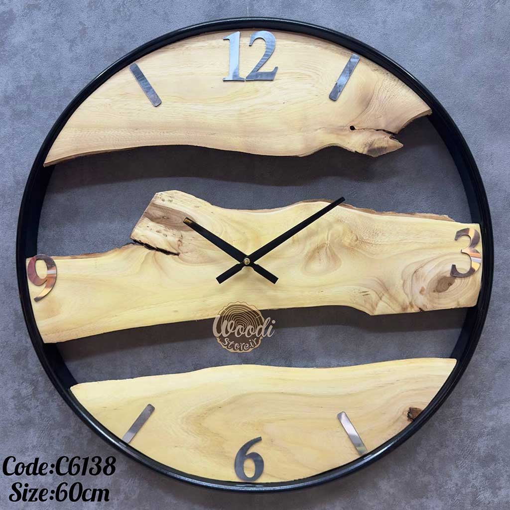 ساعت دیواری روستیک قطر 60 چوب جنگلی با فریم مشکی کد C6138