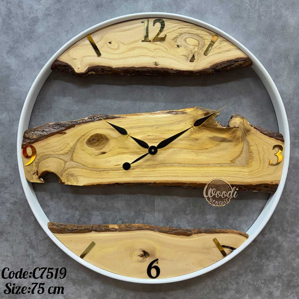 ساعت دیواری روستیک قطر 75 چوب جنگلی با فریم سفید کد C7519