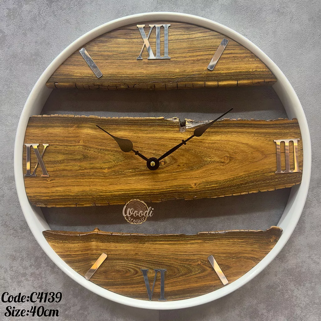 ساعت دیواری روستیک قطر 40 چوب اقاقیا با فریم سفید کد C4139