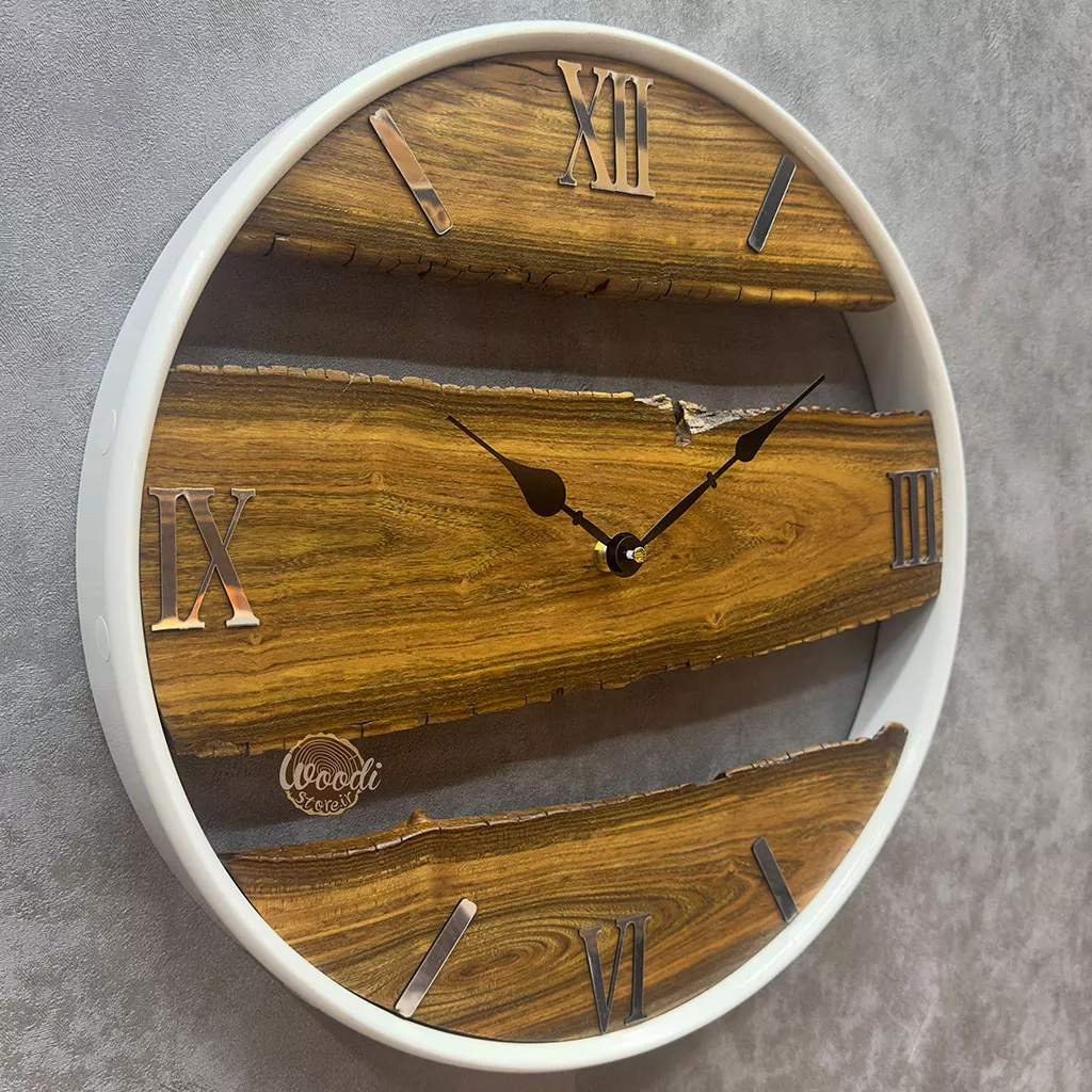 ساعت دیواری روستیک قطر 40 چوب اقاقیا با فریم سفید کد C4139 - تصویر 2