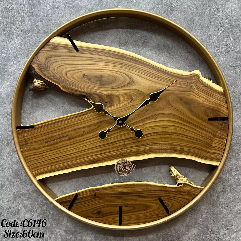 ساعت دیواری روستیک قطر 60 چوب سنجد با فرم طلایی کد C6146