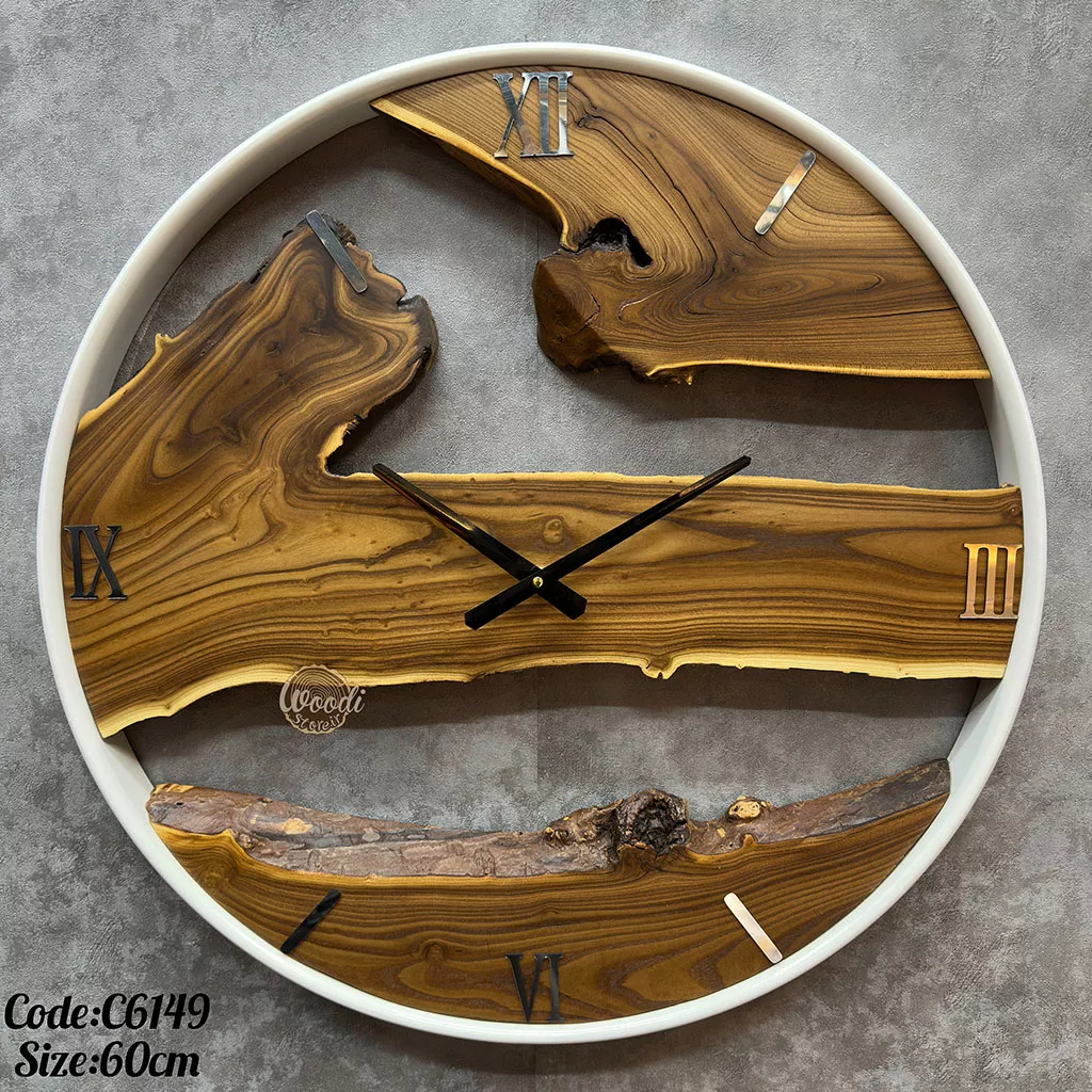ساعت دیواری روستیک قطر 60 چوب سنجد با فریم سفید کد C6149