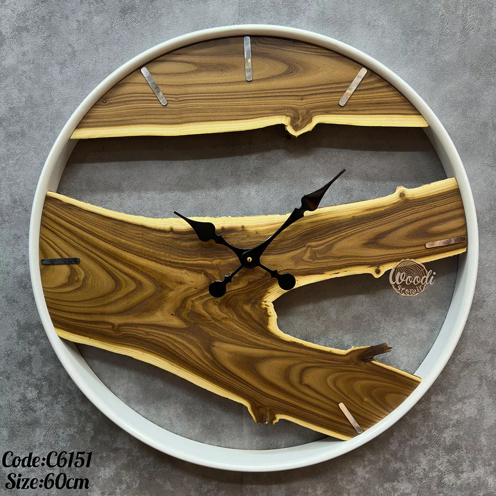ساعت دیواری روستیک قطر 60 چوب سنجد با فریم سفید کد C6151